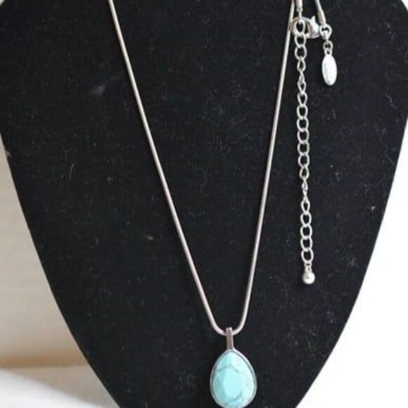 Southwestern Chico's Teardrop Turquoise Silver Tone Snake Chain Pendant Necklace - Picture 2 of 4
